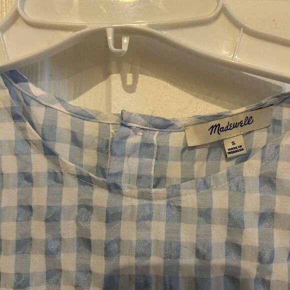 Madewell Button-Back Tie Front Short Sleeve Blue & White Gingham Check Blouse S - Picture 13 of 13
